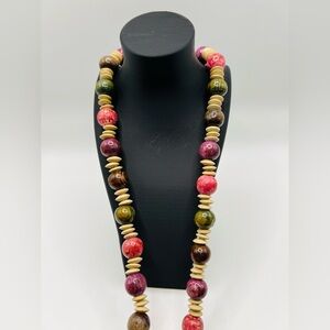 Vintage Boho Wood Bead Necklace Multicolor Statement Chunky 16”